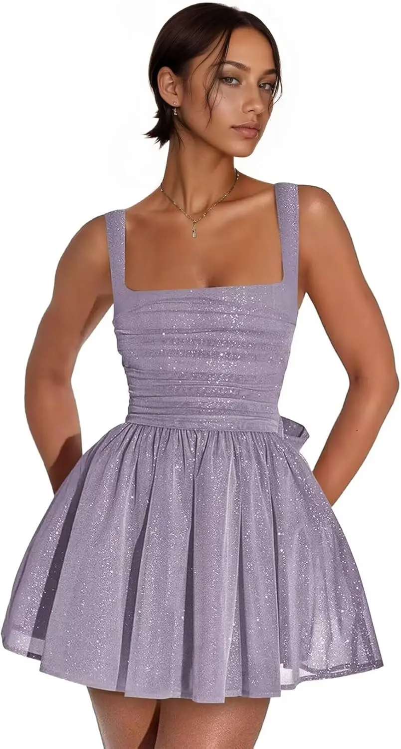 여성용 반짝이는 튤 홈커밍 드레스 2025 리본 장식 A라인 짧은 칵테일 파티 드레스 무릎 위 미니 드레스