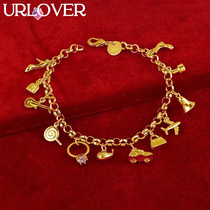 URLOVER 24K Gold Bracelet For Woman Aircraft/cars/bells/lollipops/guitars Pendant Bracelets Fashion Party Wedding Charm Jewelry