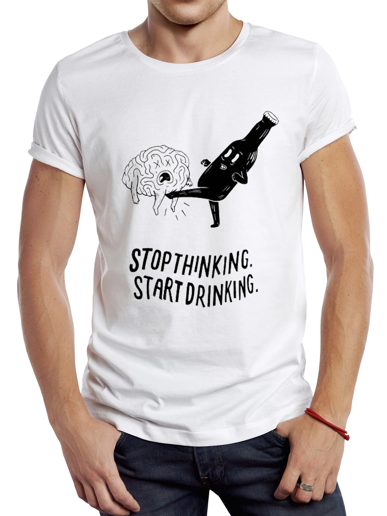 

FPACE Stop Thinking Start Drinking Men T Shirt Graphic Streetwear Short Sleeve Funny Tops Sport T-shirt