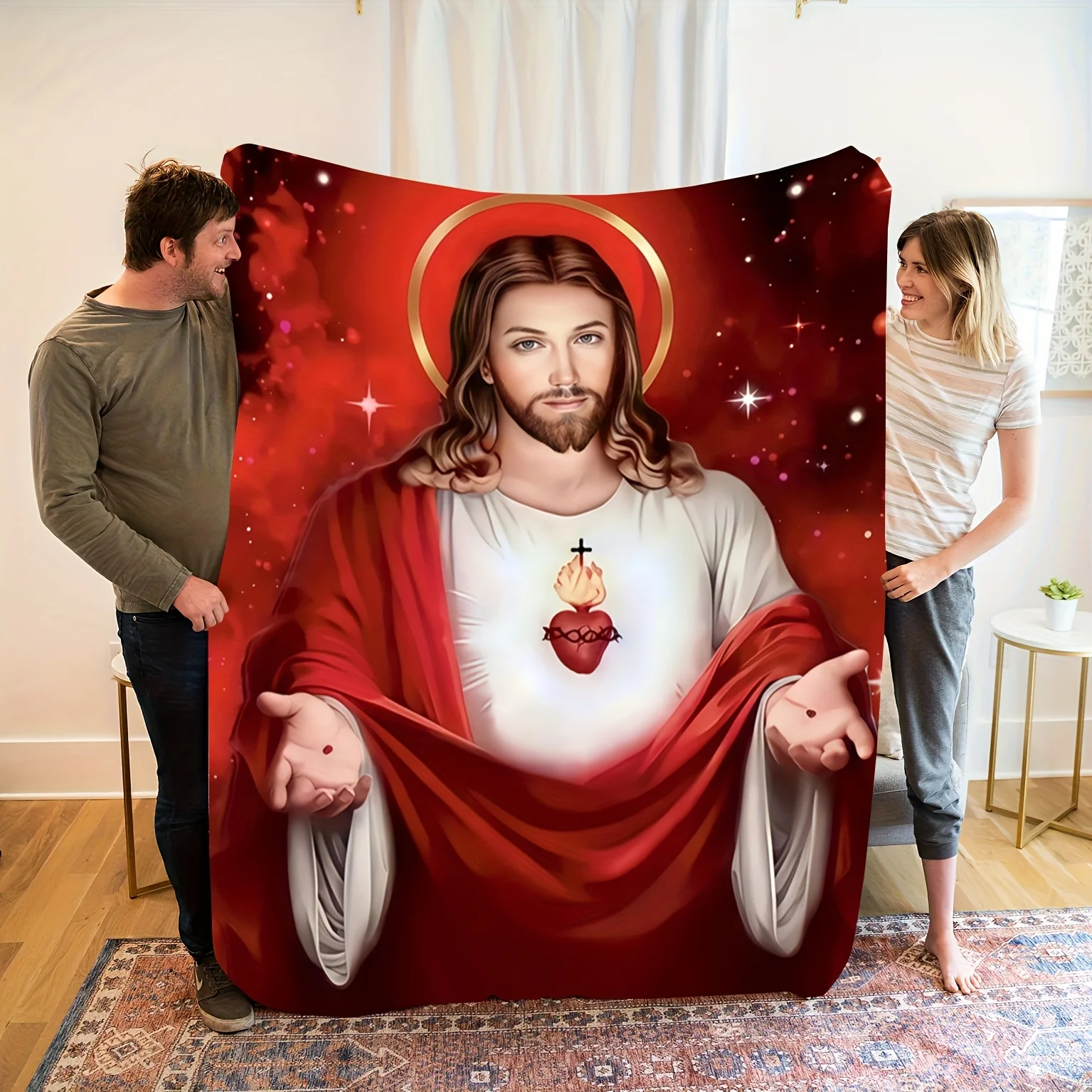 1pc Vintage Jesus Religious Flannel Blanket - Soft Warm All-Season with Starry Night & Red Robe Design,for Home, Camping, Travel