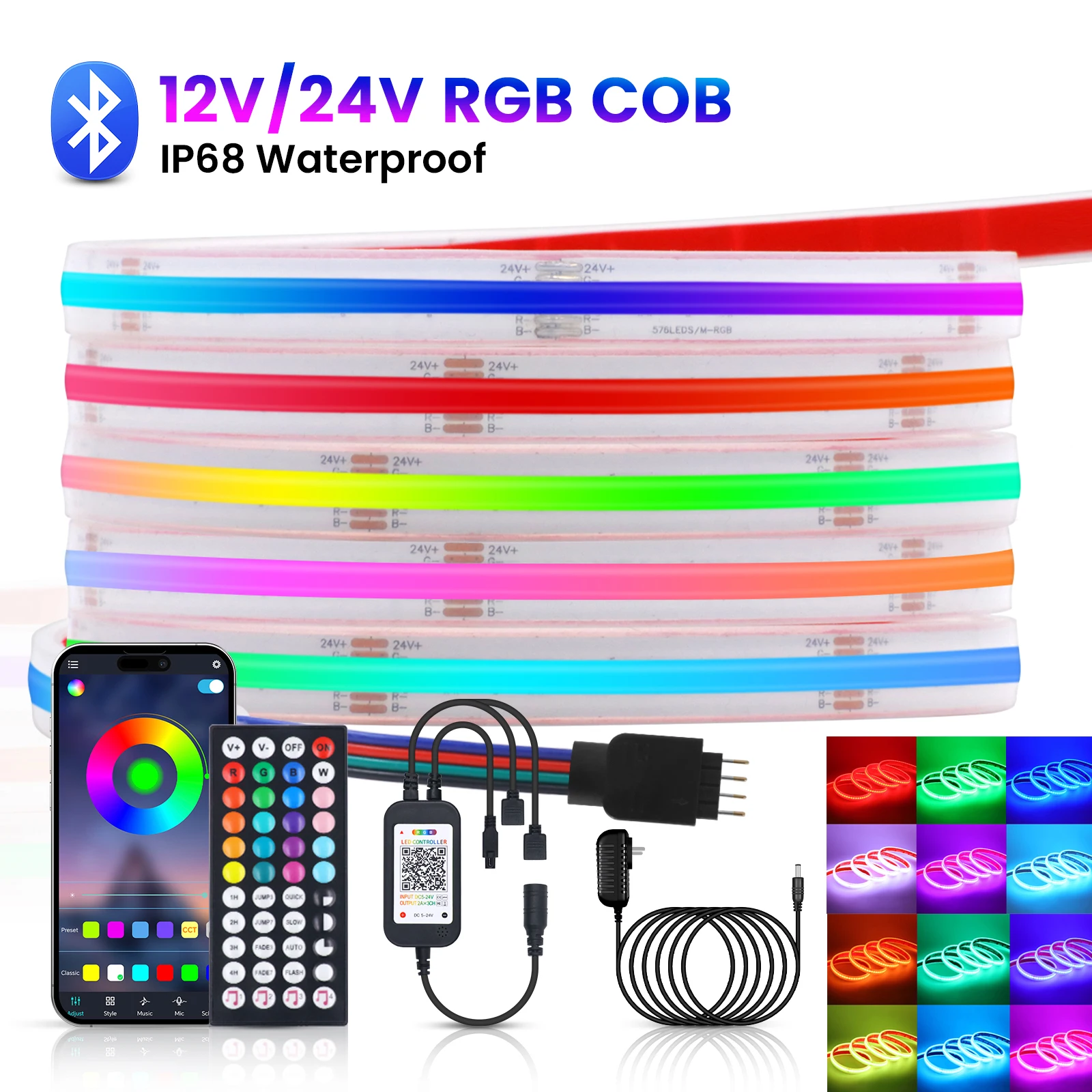 44Key Bluetooth Remote Control RGB COB LED Strip Light Waterproof EU US UK AU Power Kit 12V 24V 576LEDs Flex Lamp 0.5m 1m 5m 10m