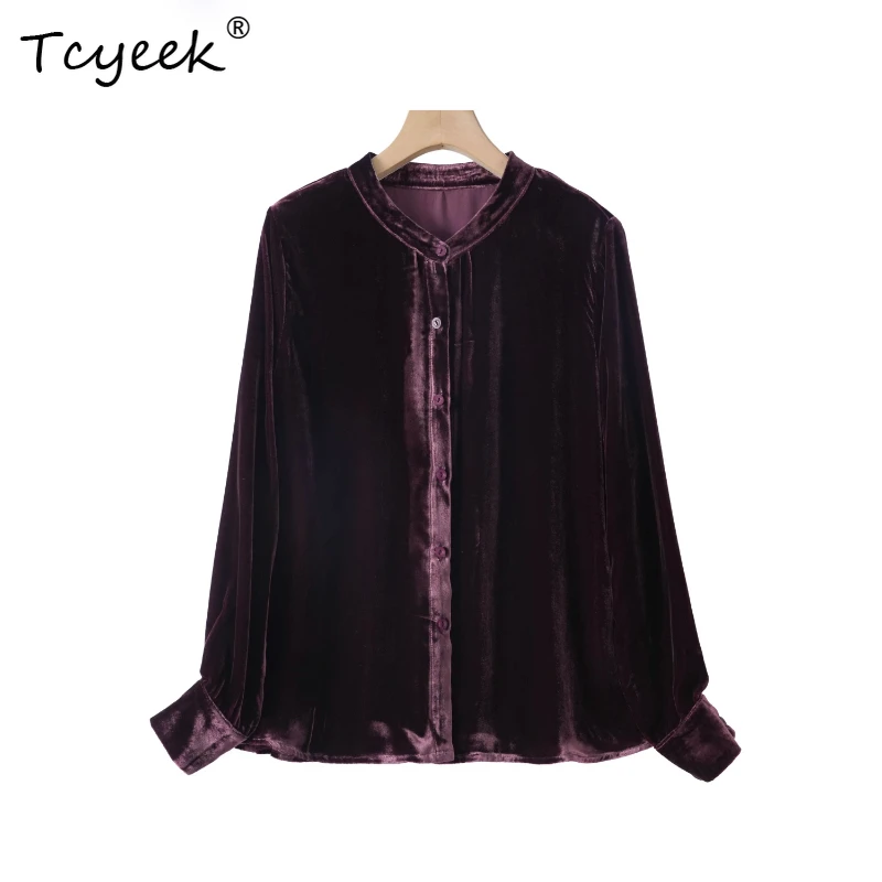 

Tcyeek 100% Real Mulberry Silk Spring Autumn Velvet Long Sleeved Solid Color Round Neck Women's Shirts Женская Одежда חולצותנשים