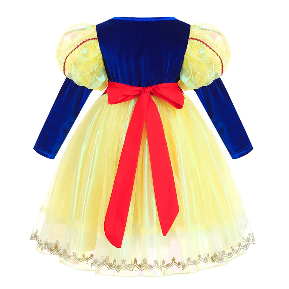 Snow White Dress Princess Cosplay Costume Cute Heart Applique Long Sleeve Tulle Frock Luxury Velvet Birthday Gown Clothes