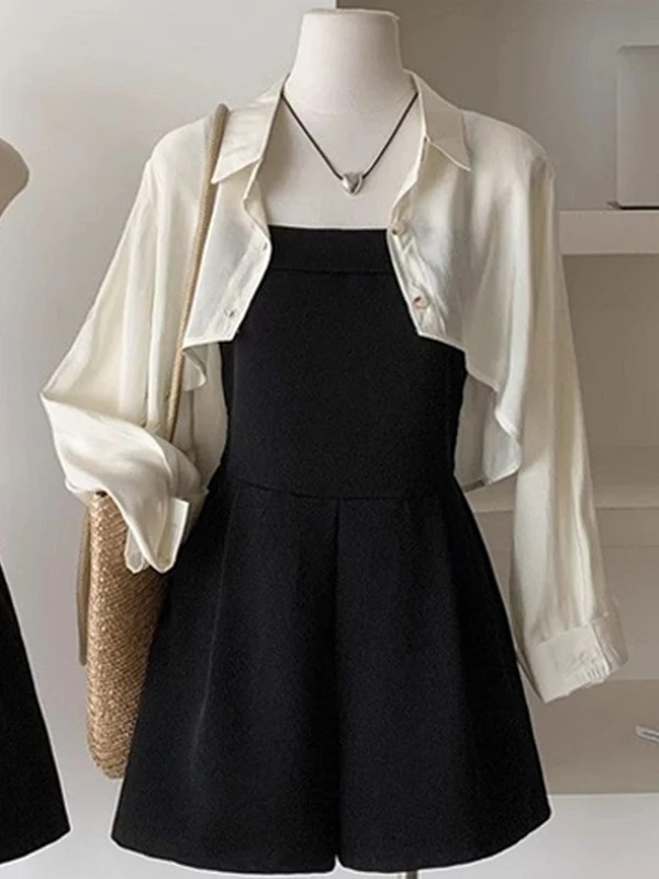

Fashionable Strap Romper Shorts Shirt Two-Piece Set Women's Summer Casual Pants Cardigan Ensemble Long Sleeve Student Uniform