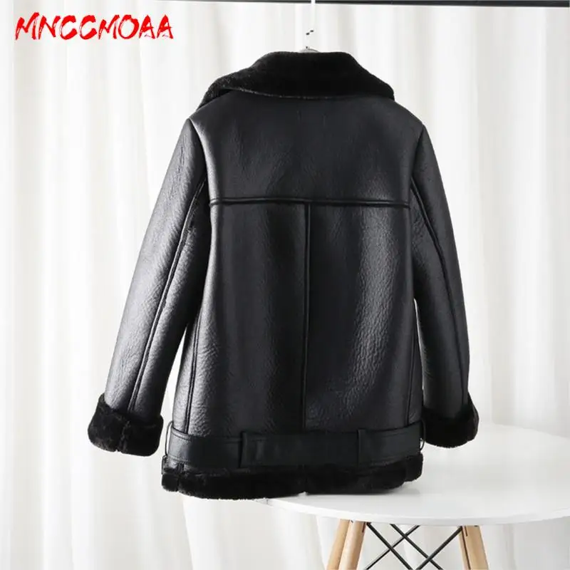 MNCCMOAA-Women's Thick Warm Lamb Wool Faux Fur Leather Jacket Casual Zip Outwear Female Coat High Quality Autumn Winter 2024