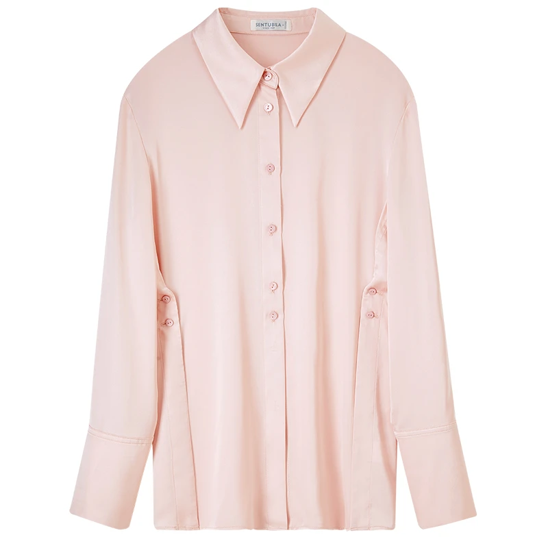 SENTUBILA 여성 우아한 셔츠 & 블라우스 2025 봄 오피스 레이디스 긴팔 탑 버튼 다운 릴랙스 핏 셔츠 M43C57999X