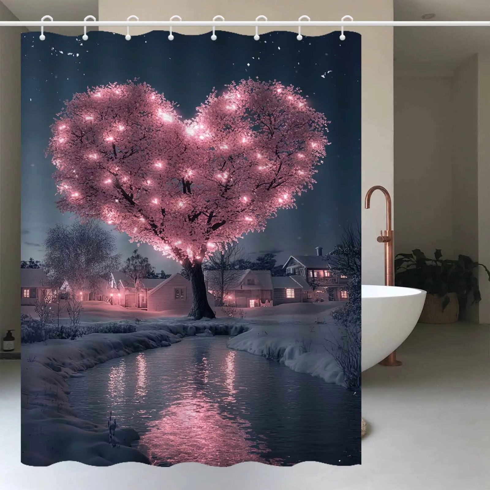 JIT1pcs Beautiful Pink Love Luminous Tree Shower Curtain, High End Elegant and Fog Proof Bathroom Curtain, Multi Functional Curt