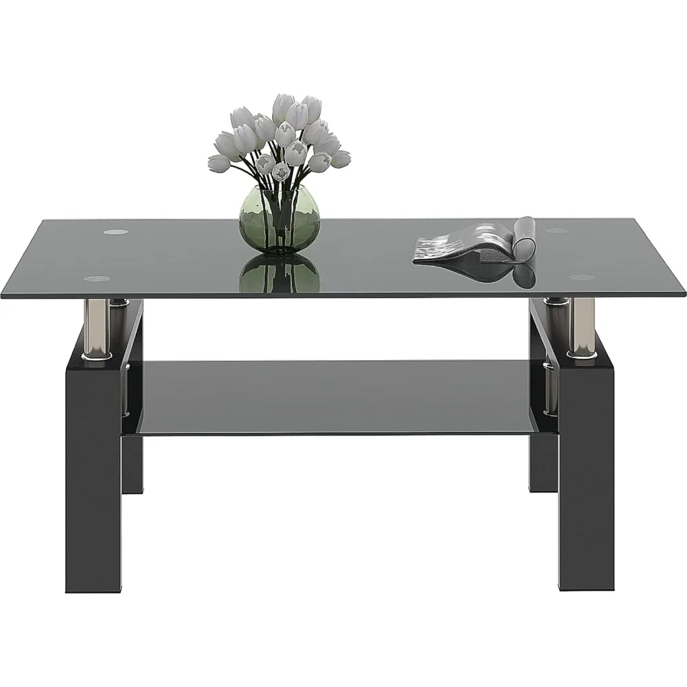 

2-layer glass coffee table, rectangle shape, contemporary style, black metal legs, tempered glass, easily form table sets
