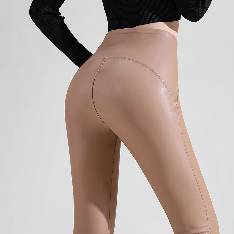 Autumn Winter Women Fleece Matte Leather Leggings High Quality Sheepskin High Waist Elastic PU Leather Pants Slim Sexy Leggings