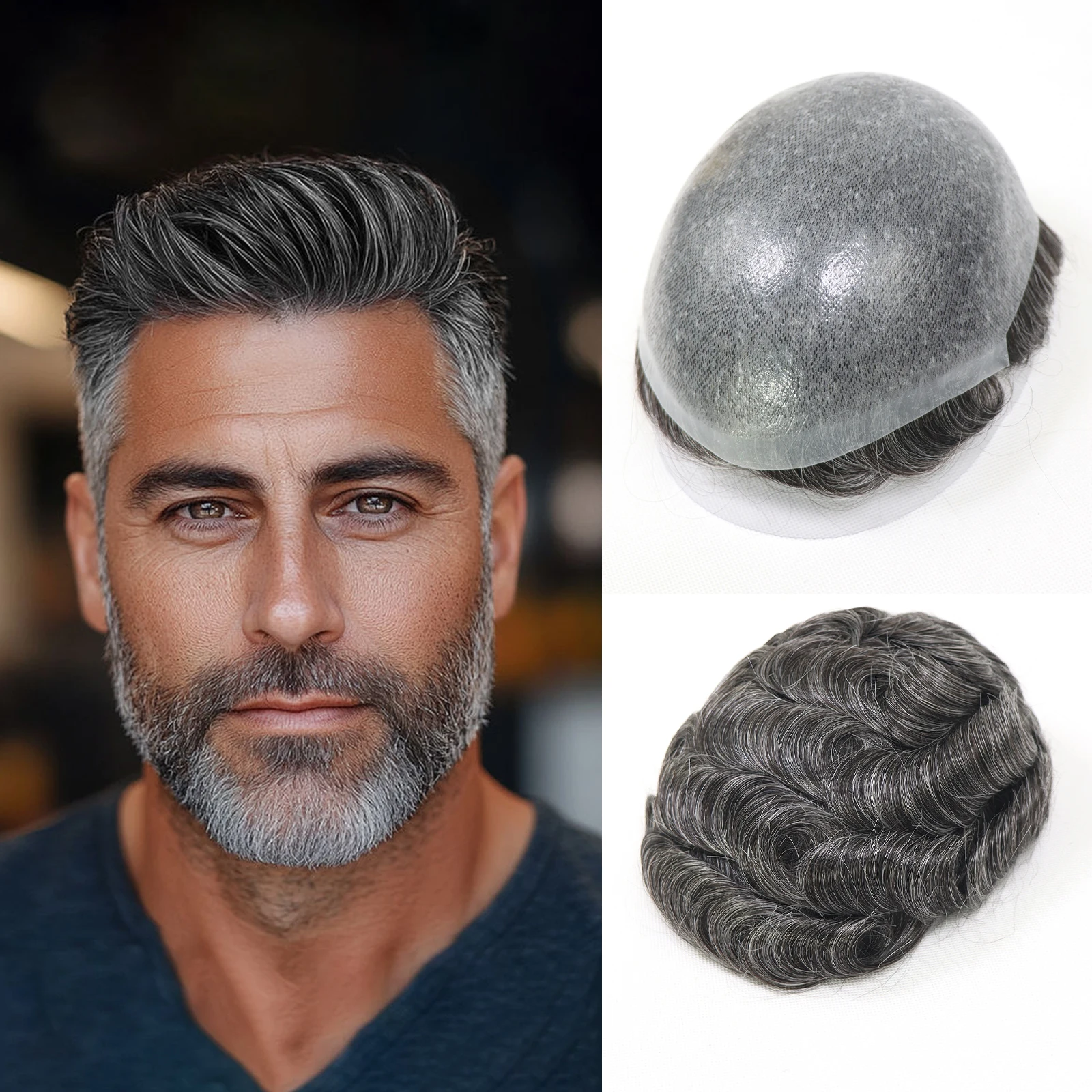 

Мужской серый парик 0,06-0,08 мм для мужчин, парик 8x10 дюймов, полная основа из искусственной кожи, завязанный парик, мужская система защиты волос, парики