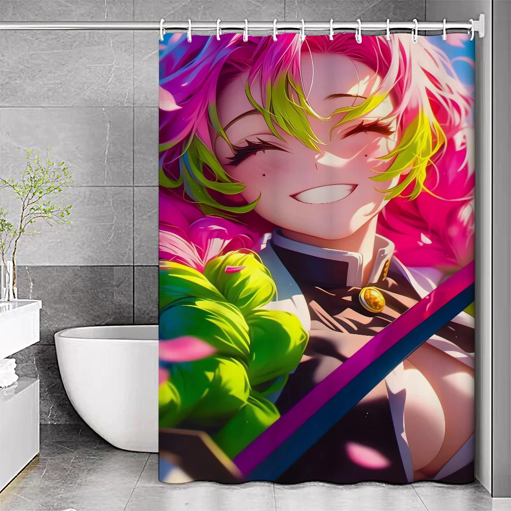 Kawaii Anime Girl Demon Slayer Nezuko Bath Curtain Pink Sakura Shower Curtains Bathroom Decoration Shower Curtain With Hooks