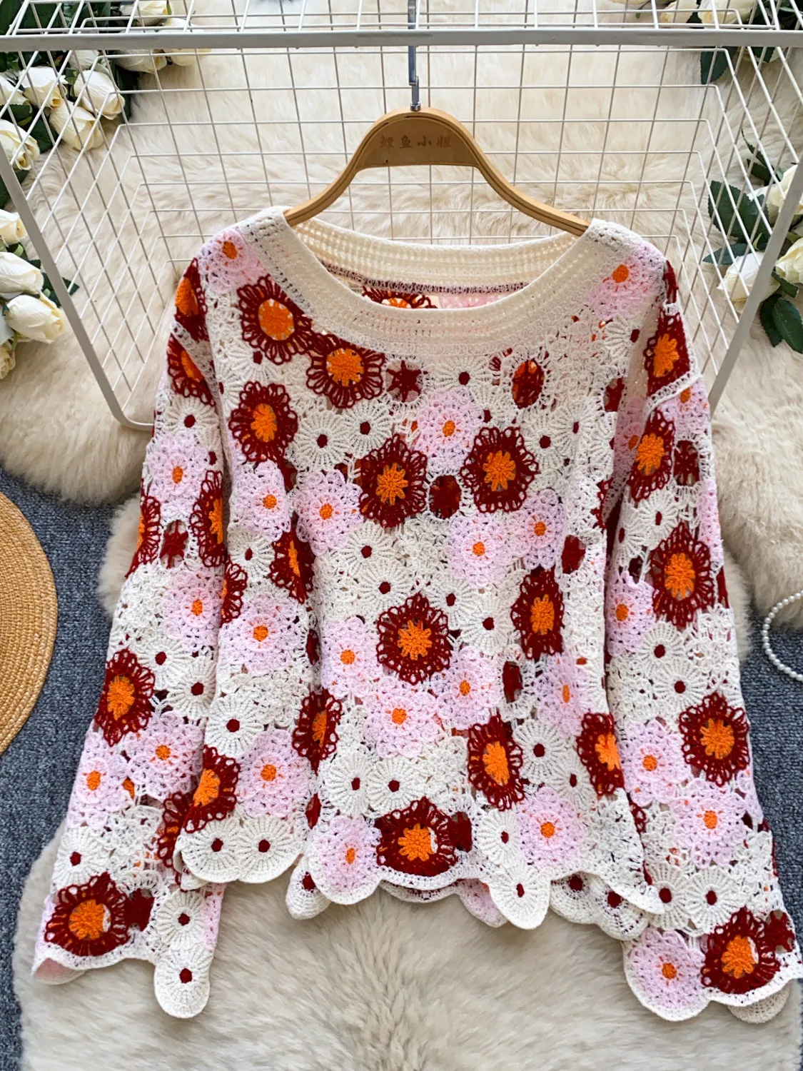 French Crochet Pullovers Women Summer Long Sleeve Irregular Hem Loose Floral Pattern Autumn Winter Daily Office Street Women Top