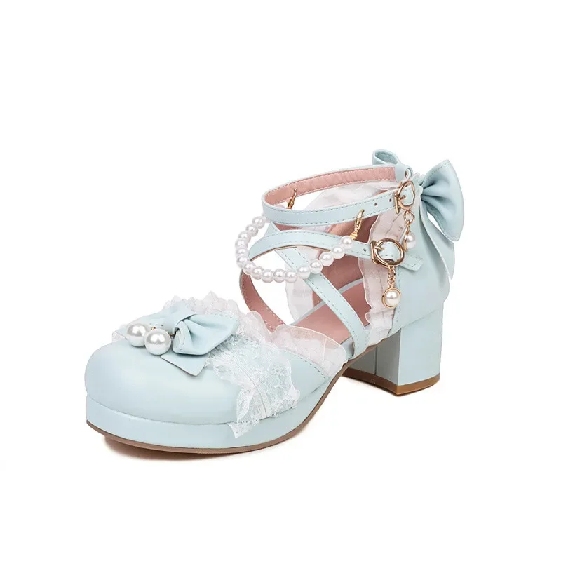 YQBTDL 2025 Princess Cosplay Lolita Cross Strap Women High Heel Mary Jane Sandals Party Wedding White Pink String Bead Bow Shoes - view 5
