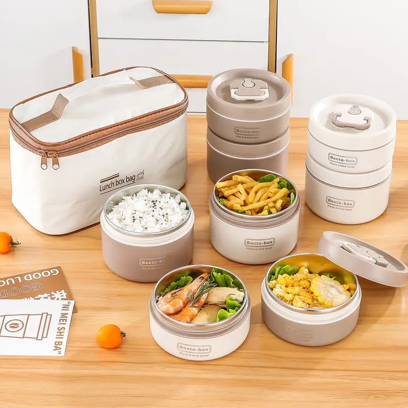 4 Pack Insulated Portable Lunch Containers Set with Lunch Bag, Leakproof Stackable Round Food Storage Bowls, 2 Sizes Microwave Safe Bento Boxes for Adults Kids Office Picnic