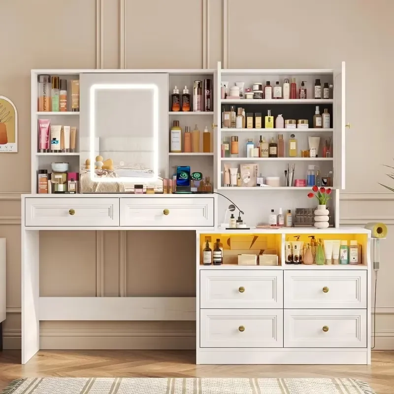 Large Capacity Modern Solid Wood Dressing Table LED Mirror Shaker Style Vanity Desk Soft-Close Drawers Multifunctional Makeup