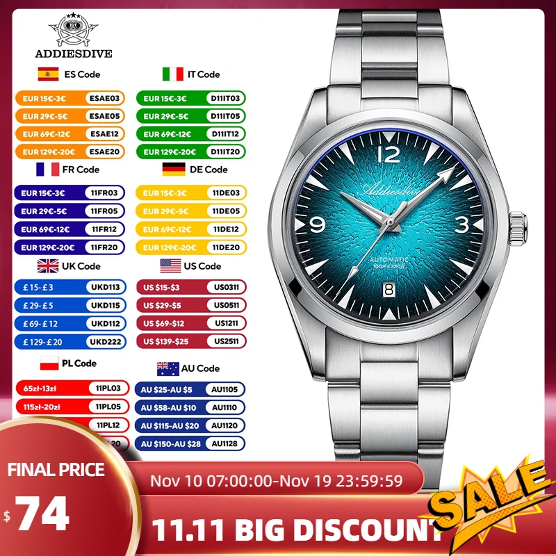 

ADDIESDIVE New Luxury Mechanical Watch Automatic Japan 8215 Ocean Inspired Texture Dial Bubble Glass 316L Stainless Steel 100M