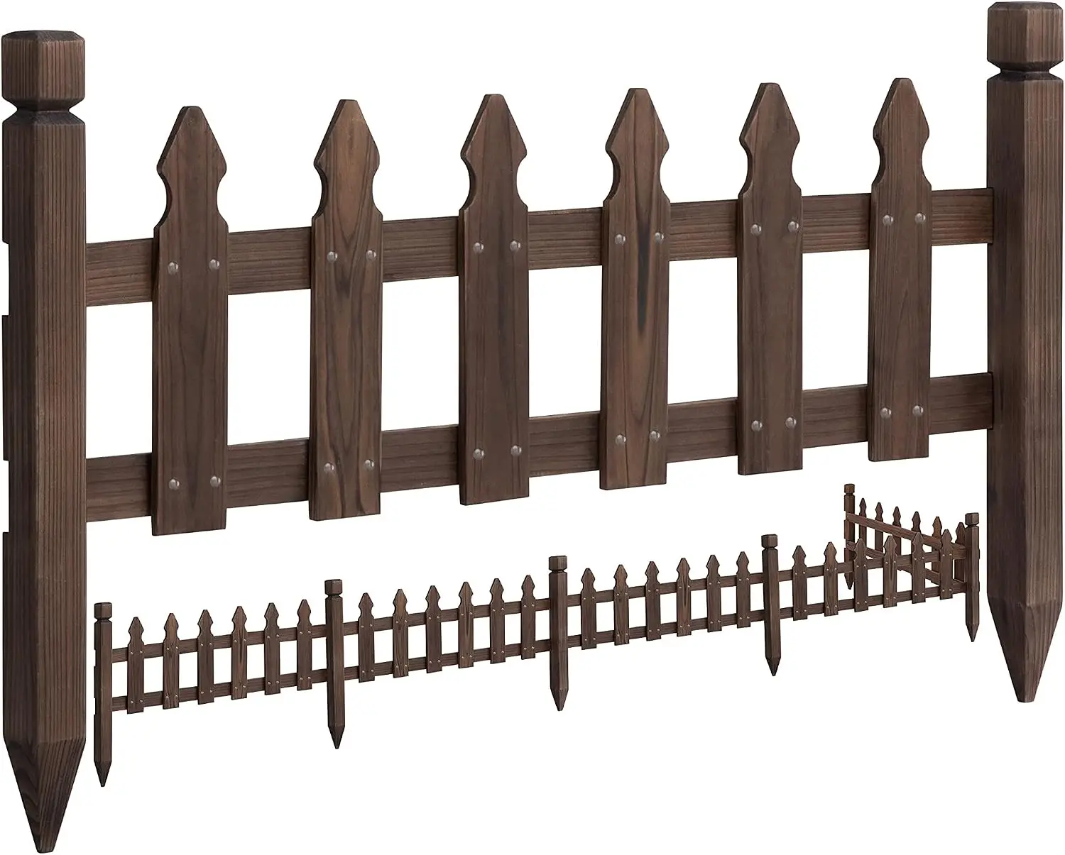 177.5-Inch Wooden Picket Fence for Garden – 5 Panels + 6 Posts + Hardware, Carbonized Rustic Finish, Easy Assembly, Low Maintenance