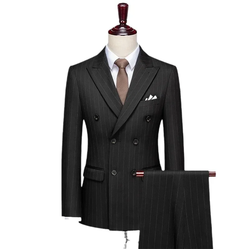 (6) Customized Groom Wedding Suit Double Breasted Striped Men’s Slim Suit