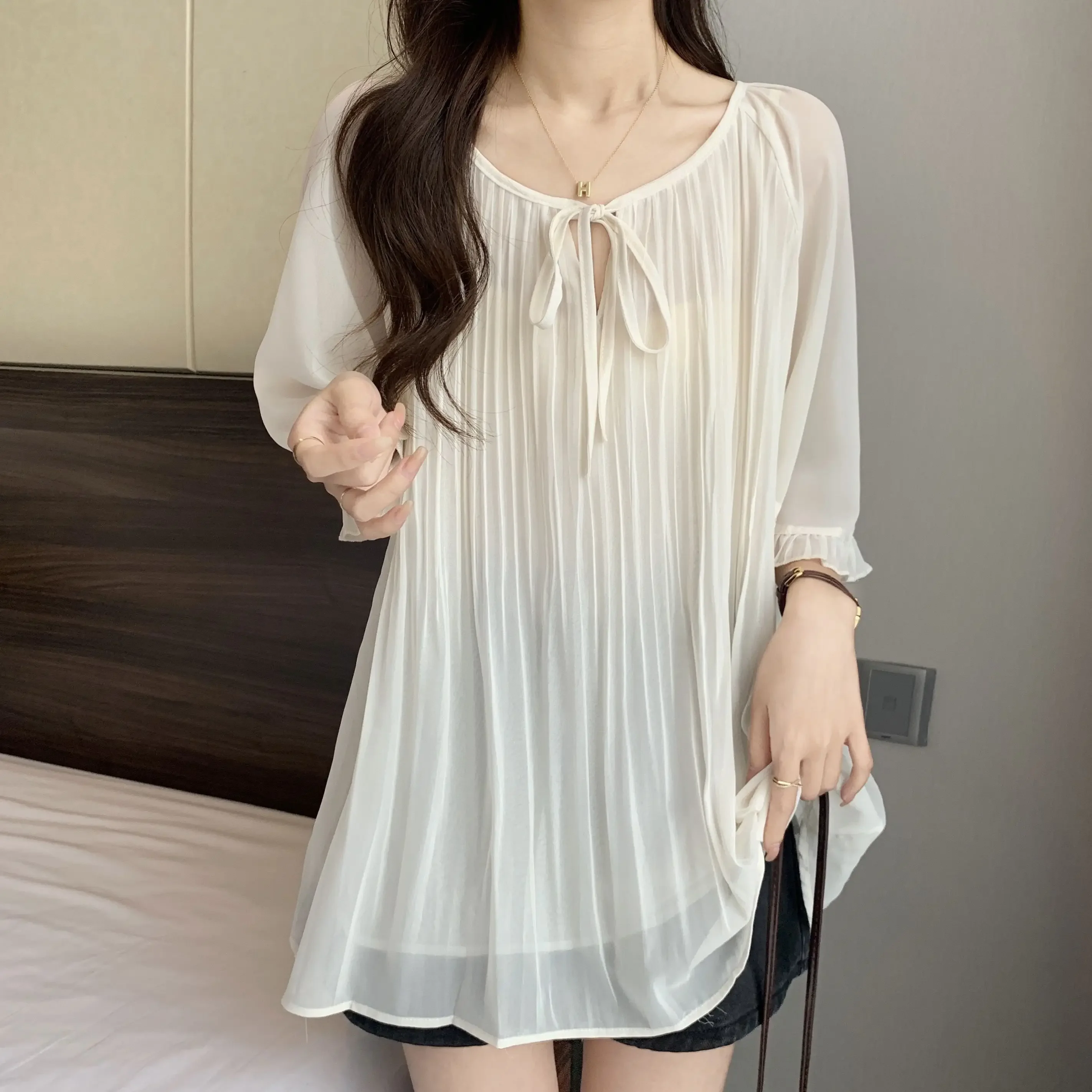 

Chiffon Shirt women Pleated Lace Up Short Sleeved Summer Casual Loose Tops Temperament Fashion Clothes for Women