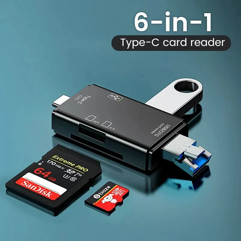 6 in1 Card Reader OTG C-type Micro SD Card Readerhigh speed Flash Drive Smart Storage Card Reader USB2.0 TFCFCard Reader Adapter