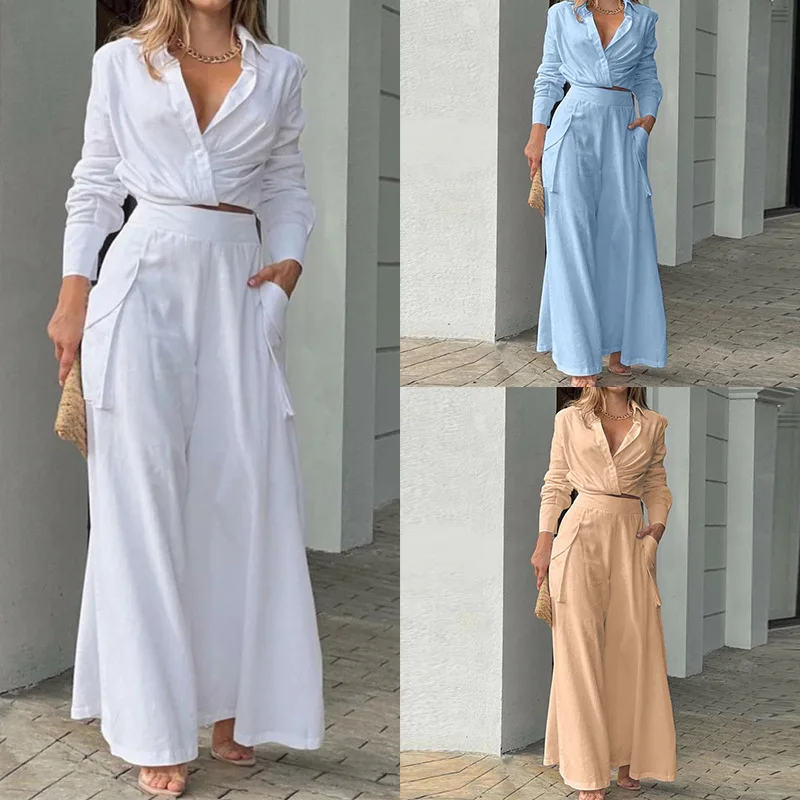 Elegante Hosenanzüge für Damen, einfarbig, langärmliges Crop-Shirt mit V-Ausschnitt & Hose mit hoher Taille, zweiteiliger Anzug, lässiger Arbeitsanzug für Damen