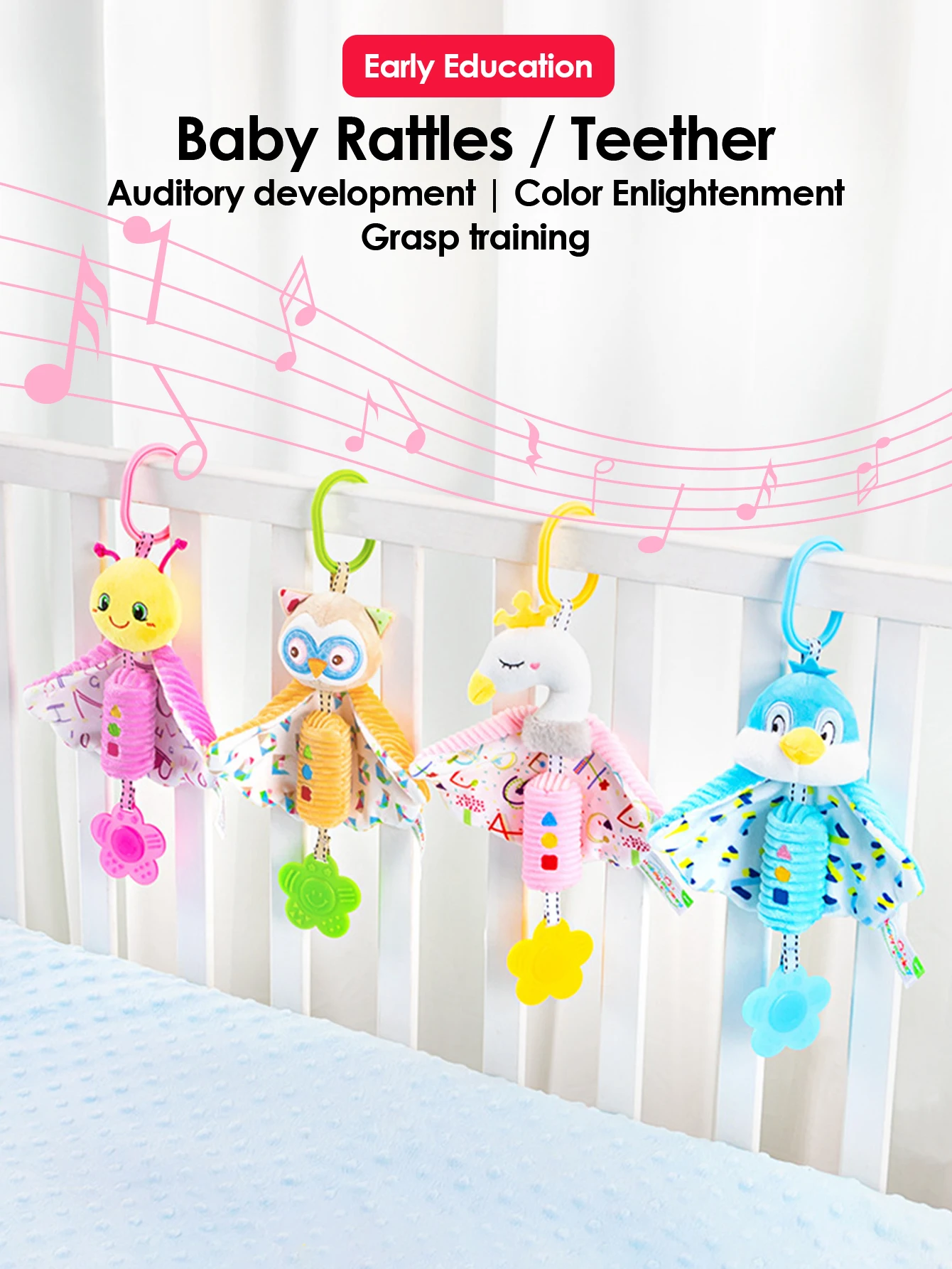 Cochecito de cama suave para cuna infantil, sonajero colgante móvil, juguetes educativos para bebé, agarre de mano para desarrollo del cerebro, lindos juguetes de animales de peluche