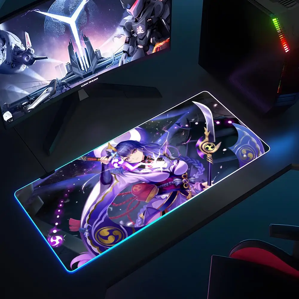 Raiden Shogun Genshin Mouse Pad RGB Luminous 900x400x3mm Thickened  Large Table Pad Encrypted Anti Skid Super Large Mouse Pad