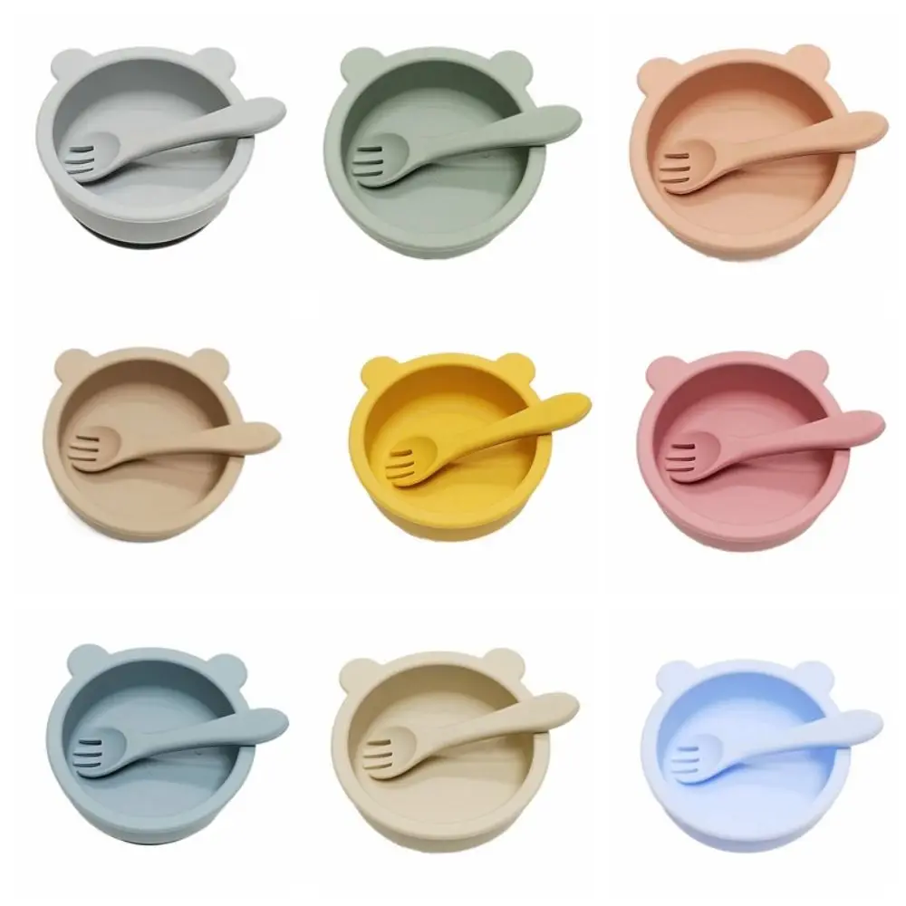 Durable Portable Silicone Suction Bowls Waterproof Bear Shaped Feeding Bowl Set Flexible Sturdy Baby Bowls with Spoon Toddlers