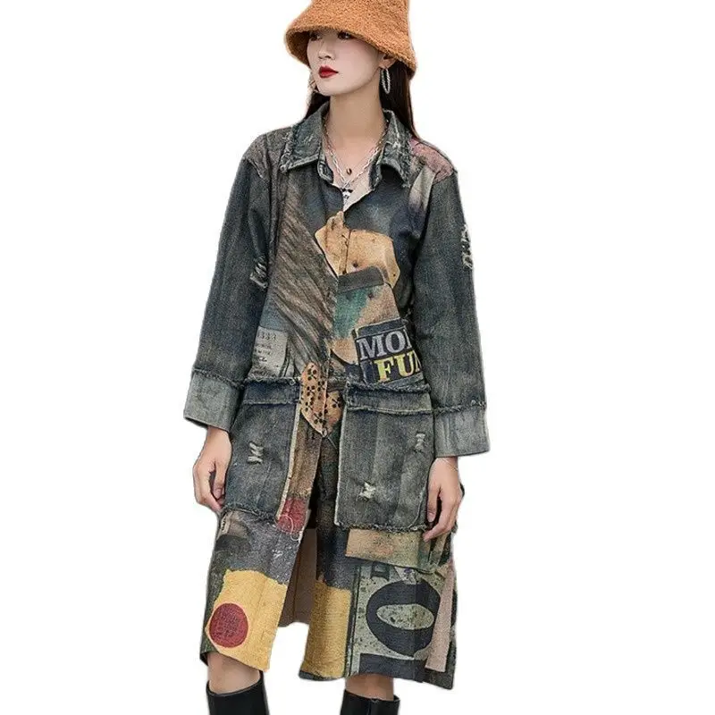 2024 Spring Autumn Women Causal Washed Distressed Denim Stitching Printed Cardigan Loose Mid-length Denim Jacket LX408S