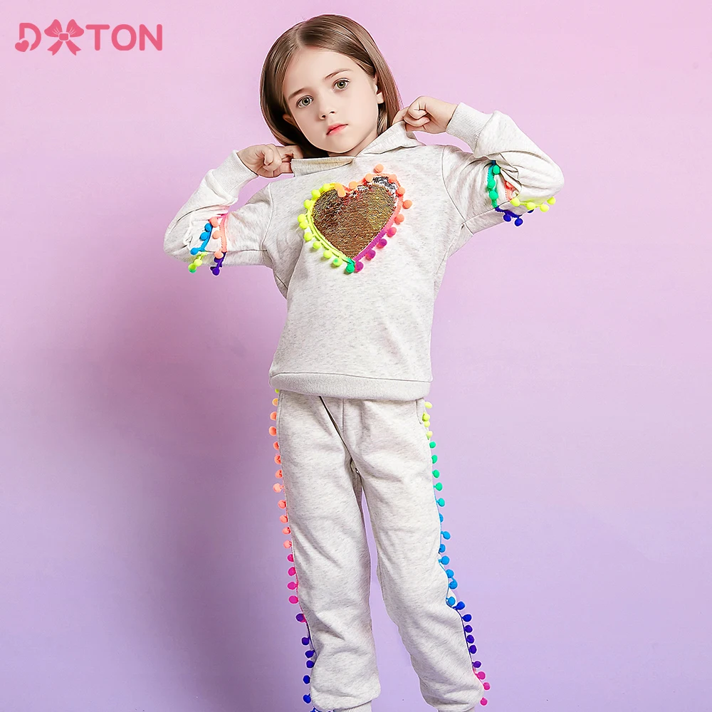 DXTON Girls Autumn Winter Clothing Sets Thick Woolen Hoodied Heart Sequins Tassels Jacket Coat and Pants Kids Warm Clothes Suits