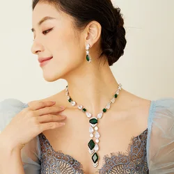 Charming AAA Zircon Premium Green Tassel Sweater Chain Necklace Drop Earrings For Women Wedding Party Evening Dress Jewelry Sets