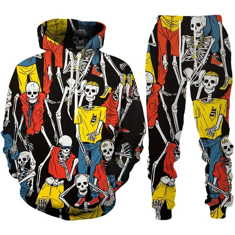 

Autumn Hoodie Suit New Men's Floral Skull Hoodie 3D Printed Pattern Sports Shirt Set 2-piece Sportswear Casual Street Clothing