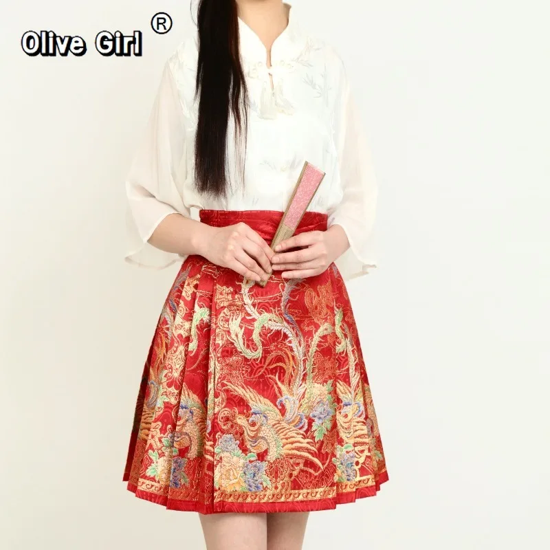Olivegirl Weaving gold makeup flower horse face skirt short skirt retro daily high waist slimming bright spring and summer Hanfu