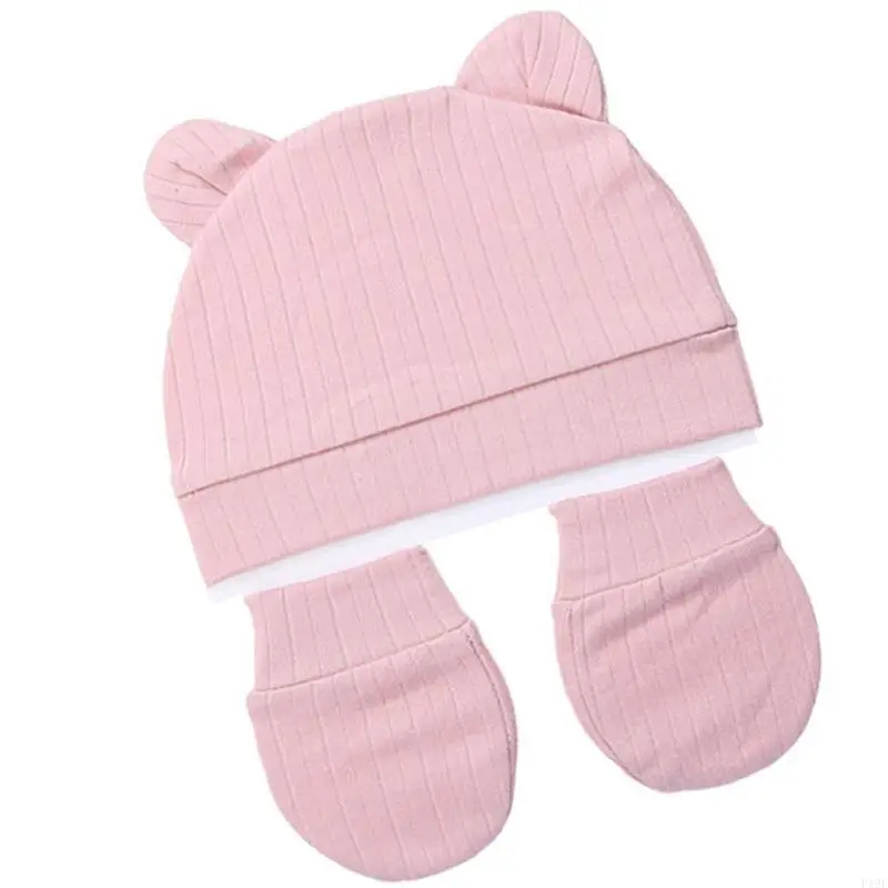 

F19F Adjustable Newborn Hat & No Scratch Gloves Set Breathable Baby Caps & Scratch Resistant Gloves Gentle Baby Headwear