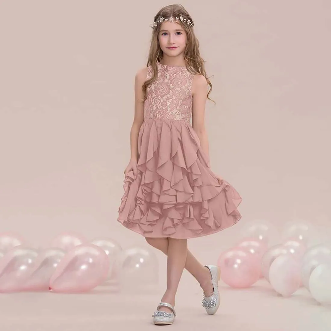 YZYmanualroom Chiffon Lace Junior Bridesmaid Dress With Cascading Ruffles A-line Scoop Knee-Length 2-15T