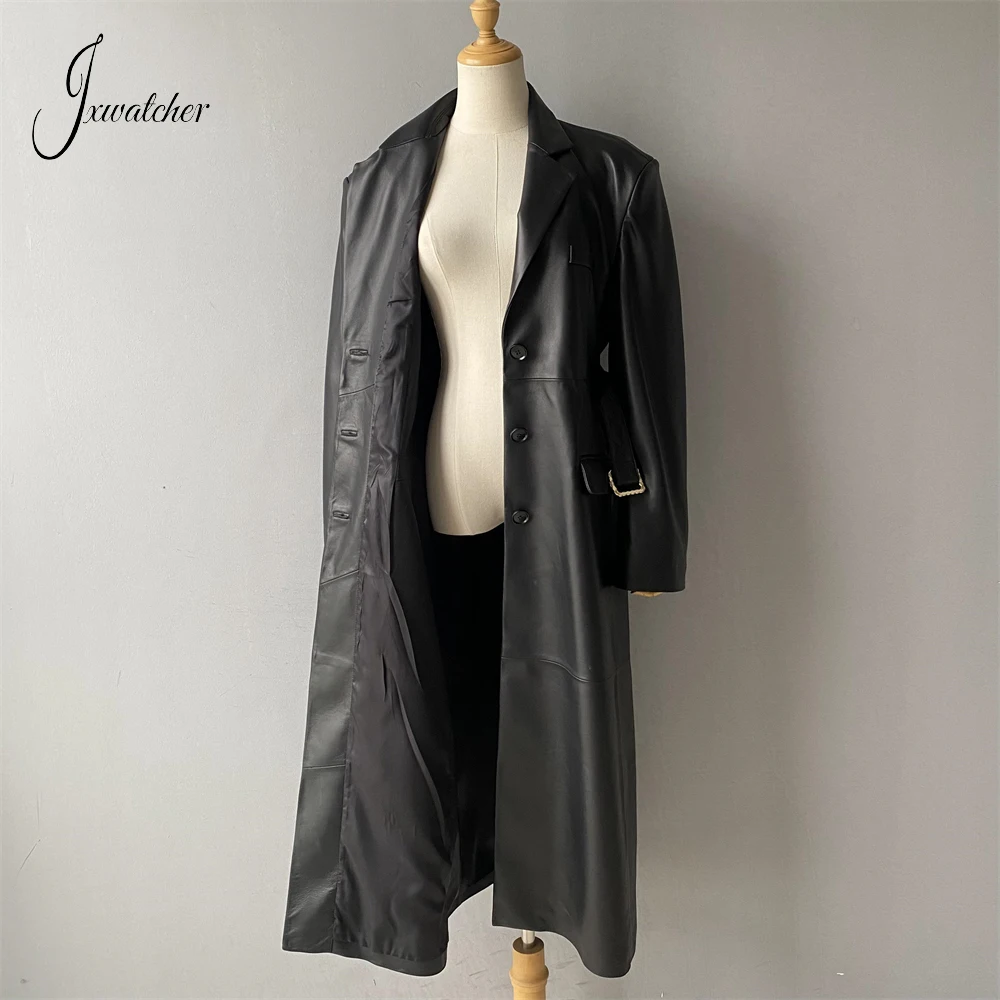 Jxwatcher-abrigo largo de cuero auténtico para mujer, chaqueta de piel de oveja con cinturón, color negro, clásico, novedad de otoño