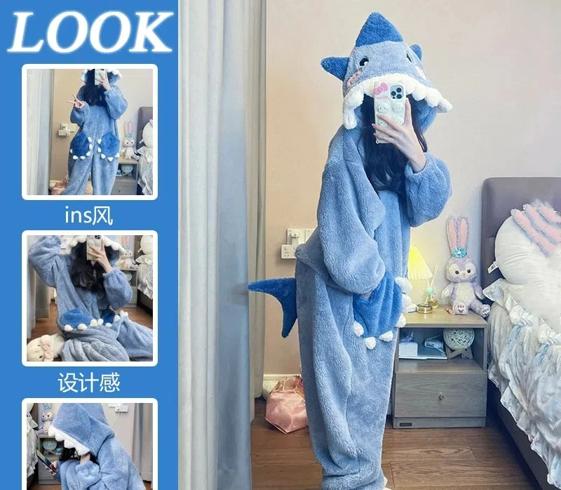 

Vêtements de nuit à capuche de dessin animé pour femmes, pyjama de cosplay d'hiver, combinaison de requin mignon