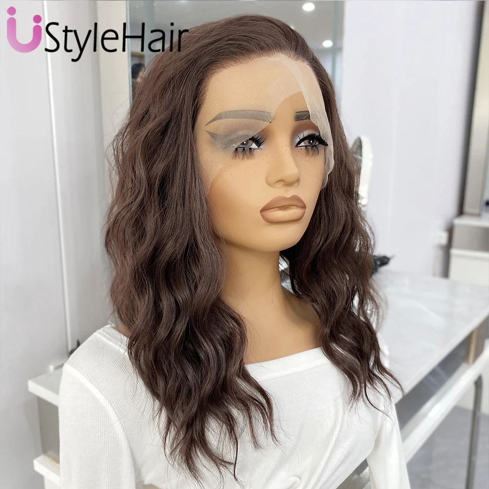 UStyleHair 다크 브라운 레이스 프론트 가발, 자연스러운 느낌의 단파 가발, 내열성 합성 모발, 데일리 코스프레 가발, 12 인치