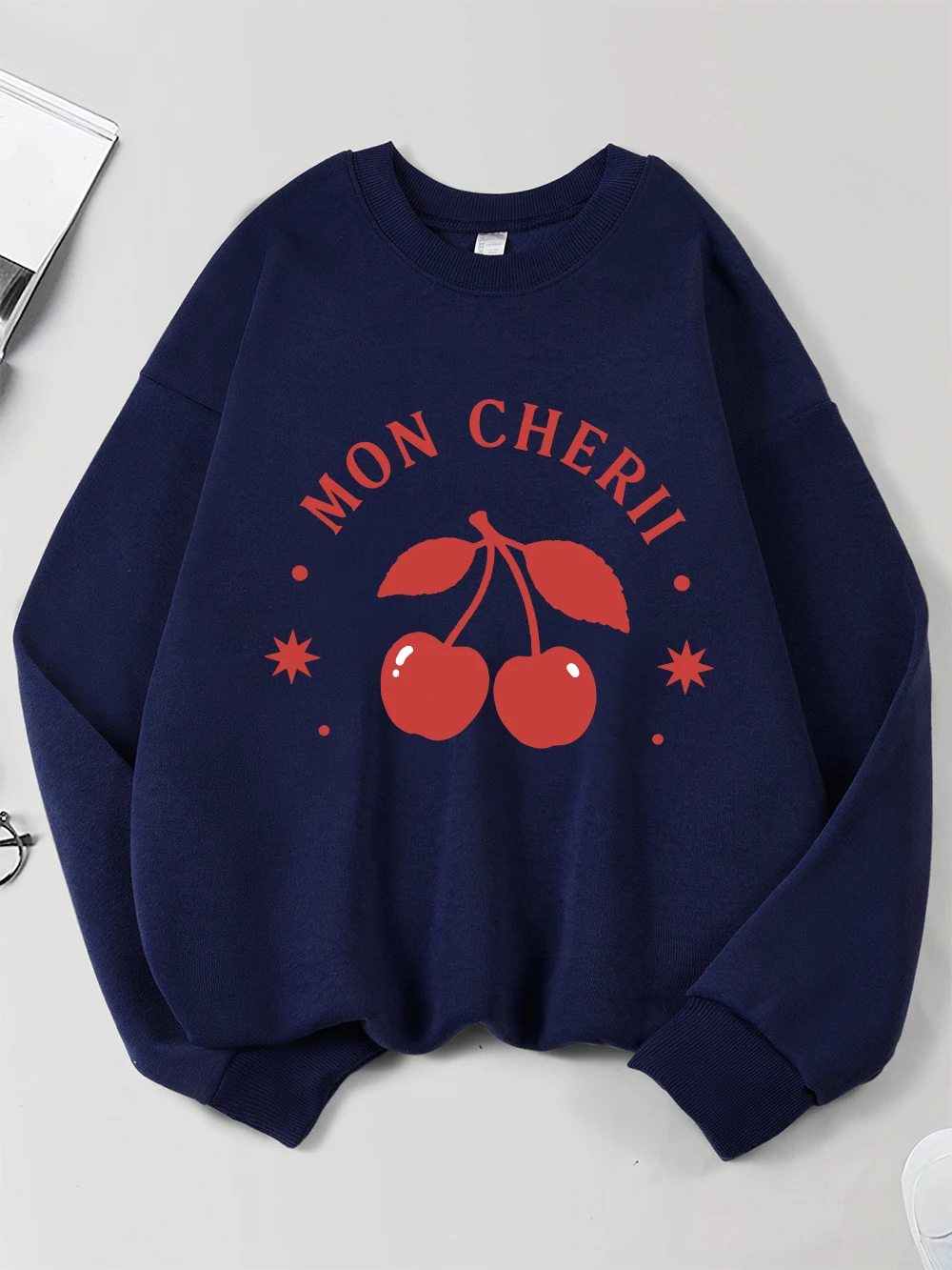 Mon Kirsche Druck Sweatshirts Frauen Fleece Warme Casual Hoodies Crewneck Lose Pullover Winter Bequeme Damen Streetwear