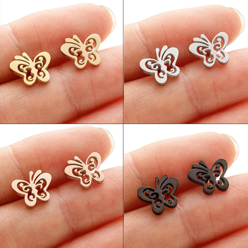 Korean version of small fresh stainless steel student simple fashion versatile cut hollow butterfly stud earrings cross-border a