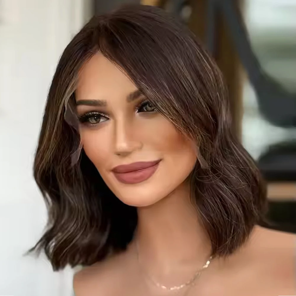 Premium Human Hair Blended Synthetic Wigs Chestnut Highlight Color Luxury Bob Lace Top Wig for Women Realistic Lace Front Wig
