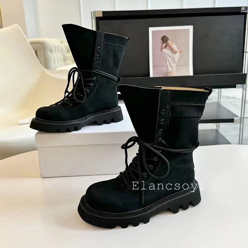 Botas de media pantorrilla de estilo Retro británico para mujer, botas cortas con correa creciente de altura inferior gruesa, botas de trabajo versátiles, primavera y otoño