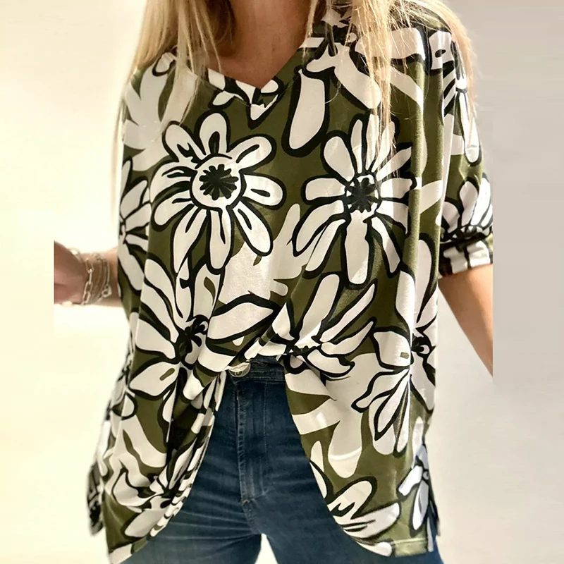 Summer Vintage Printed Commuter Shirt Office Ladies V-neck Short Sleeve Loose Pullover Casual High Street Bohemian T-shirt Tops