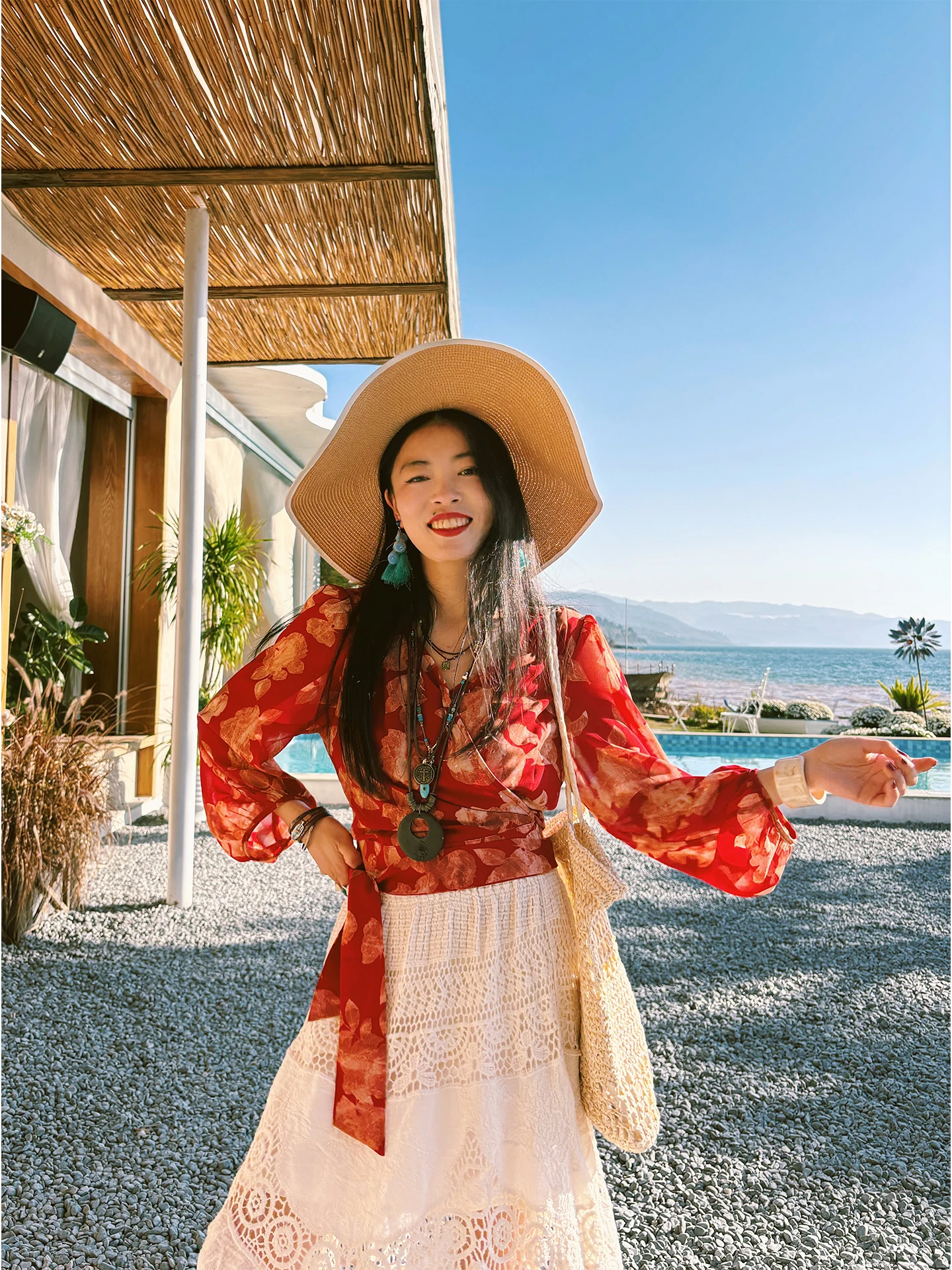 

Red Flower Lantern Sleeve Shirt Waist Cinched Belted Summer Slim Fit V Neck Photography Shirt for Island Vacation Women's Fas...