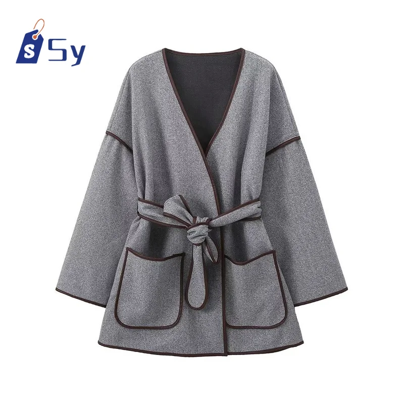 

Sy Vintage Grey Women's Coat With Belt Casual Loose V-neck Cardigan Jackets New Fashion Windproof Women Coats Solid Color Jacket