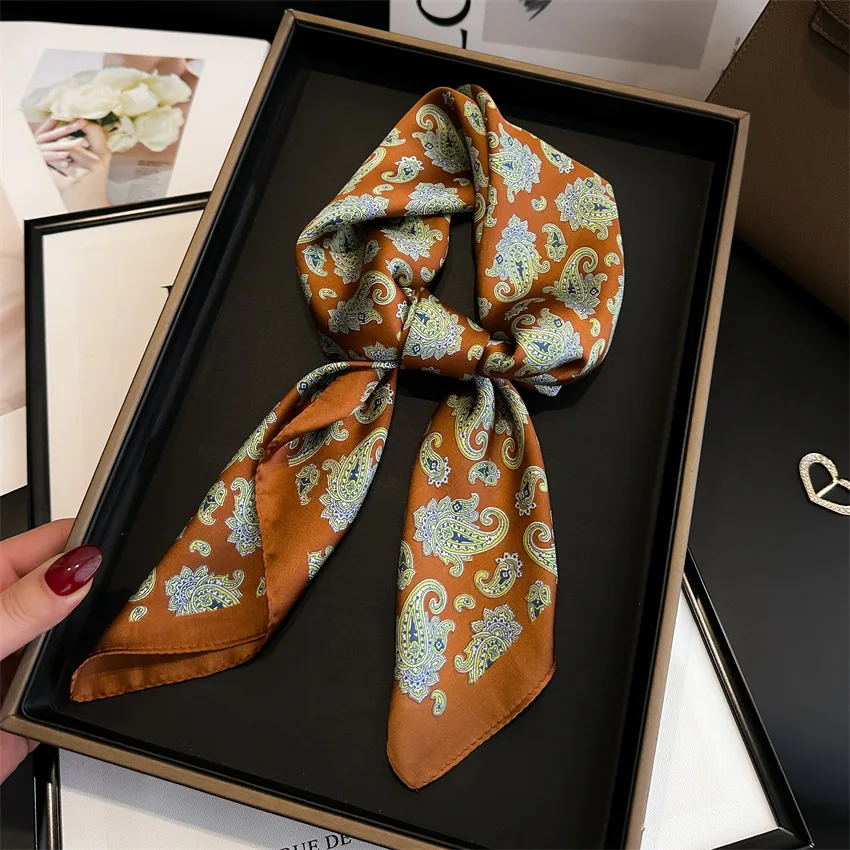 2025 New Paisley Print Square Scarf Soft Satin Bandana Vintage Windproof Head Wrap Shawl Imitation Silk Travel Beach Towel