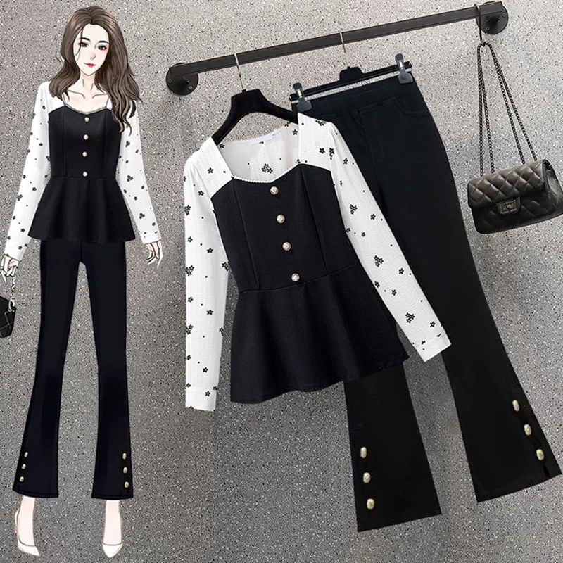 

Fashion temperament set autumn new item splicing slimming square neck shirt micro flared pants two-piece set for women