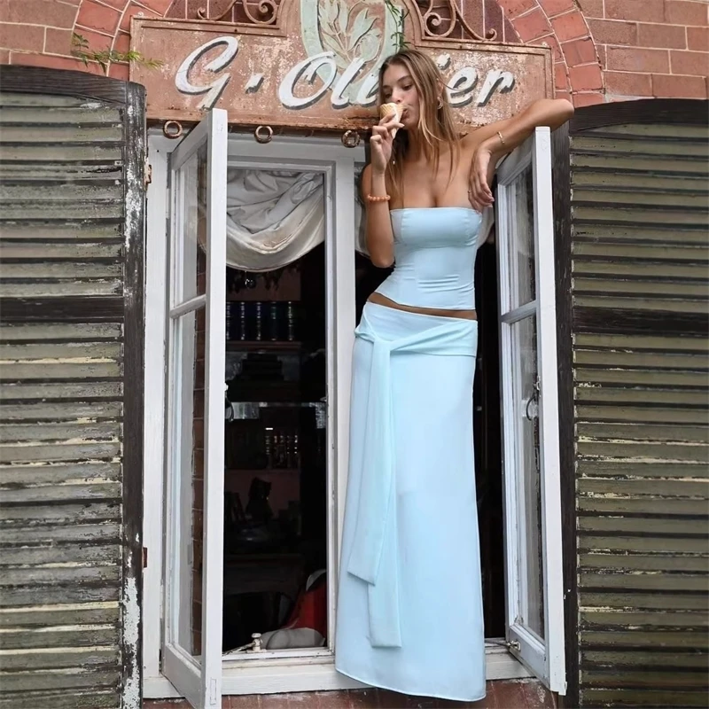 

Solid Thin Skirts Set For Women Lace Up Strapless Tight Top Low Waist Straight Skirt 2026 NEW Summer Vacation Party Lady Outfit