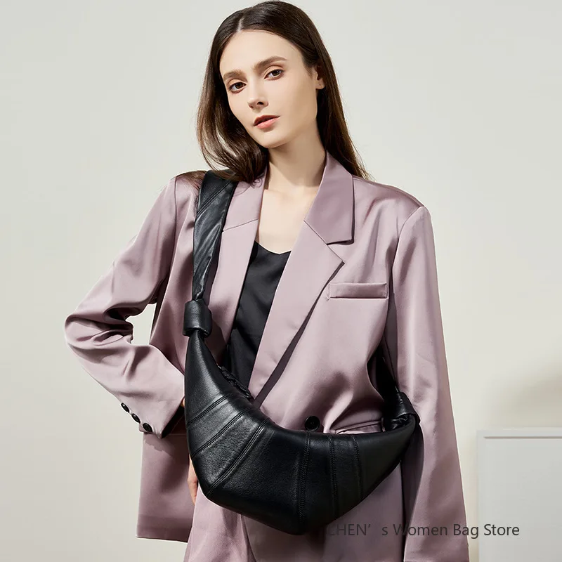 حقيبة يد نسائية من جلد الخراف الأصلي حقيبة كرواسون عصرية متعددة الاستخدامات باللون الأسود الناعم حقائب كتف على الصدر عبر الجسم #3