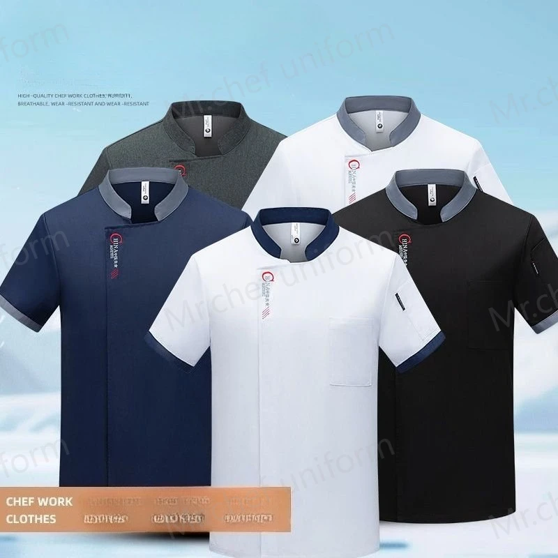 Men Short Sleeve Chef Uniform Restaurant Black Chef Jacket with Apron Cook Chef Coat Kitchen Work Uniform Waiter Hotel Clothes